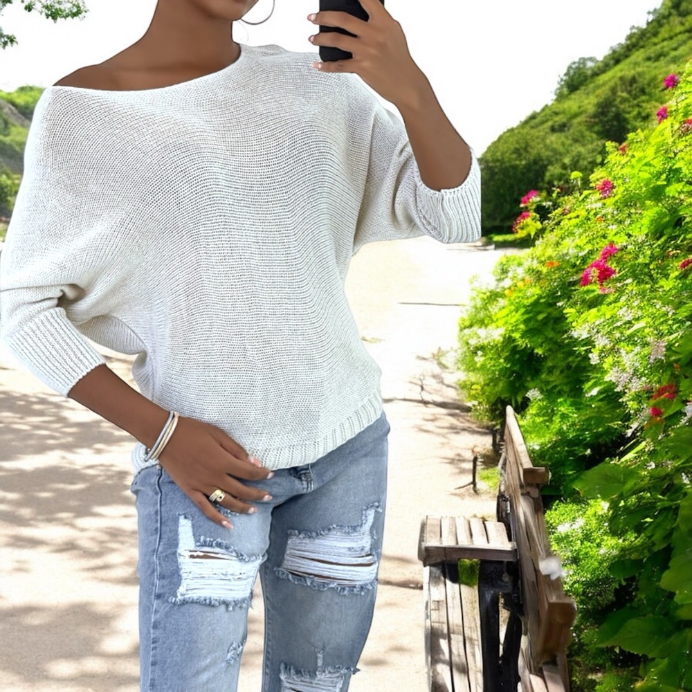 H&M White Relaxed-Fit Boat Neck Sweater Top with Long Dolman Sleeves - Picture 2 of 16